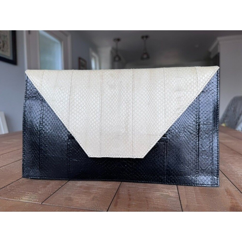 Beirn Black Ivory Python Snakeskin Leather Envelope Party Clutch Bag